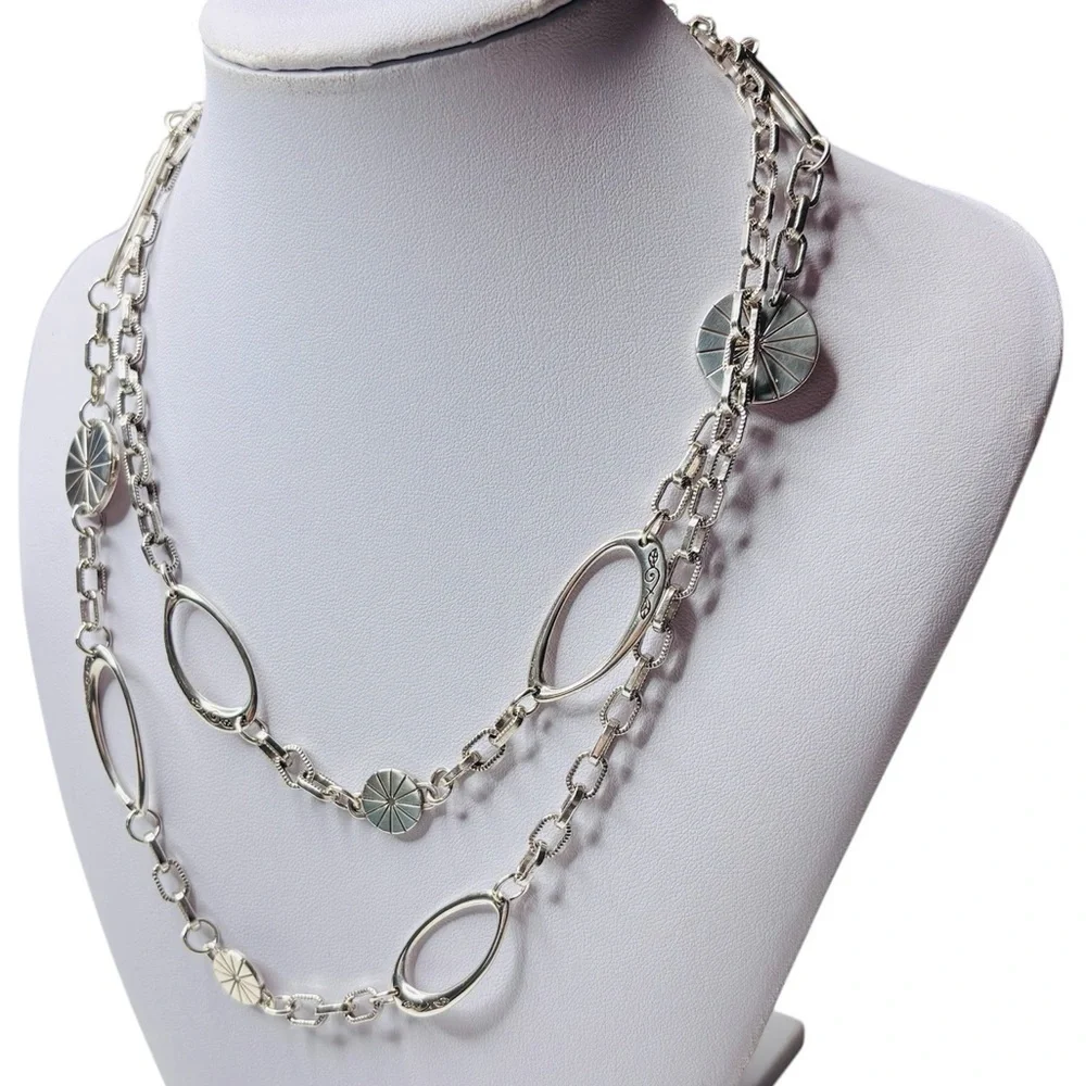 New BRIGHTON Orbit Silver Etched Disc Eliptical Link Long Necklace